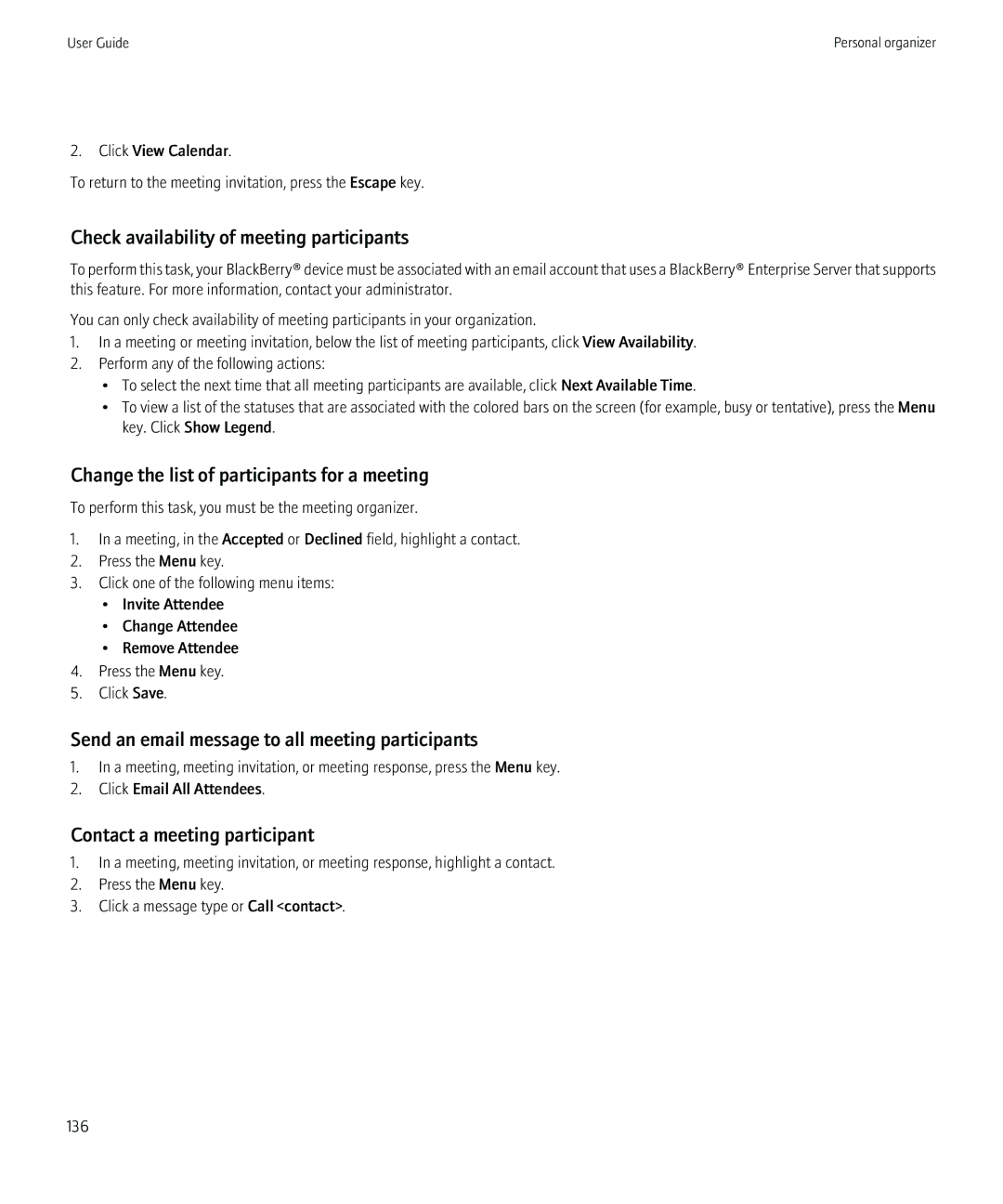 Blackberry 8520 manual Check availability of meeting participants, Change the list of participants for a meeting 