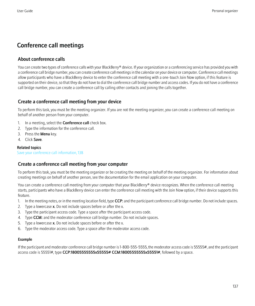 Blackberry 8520 manual Conference call meetings, About conference calls, Create a conference call meeting from your device 