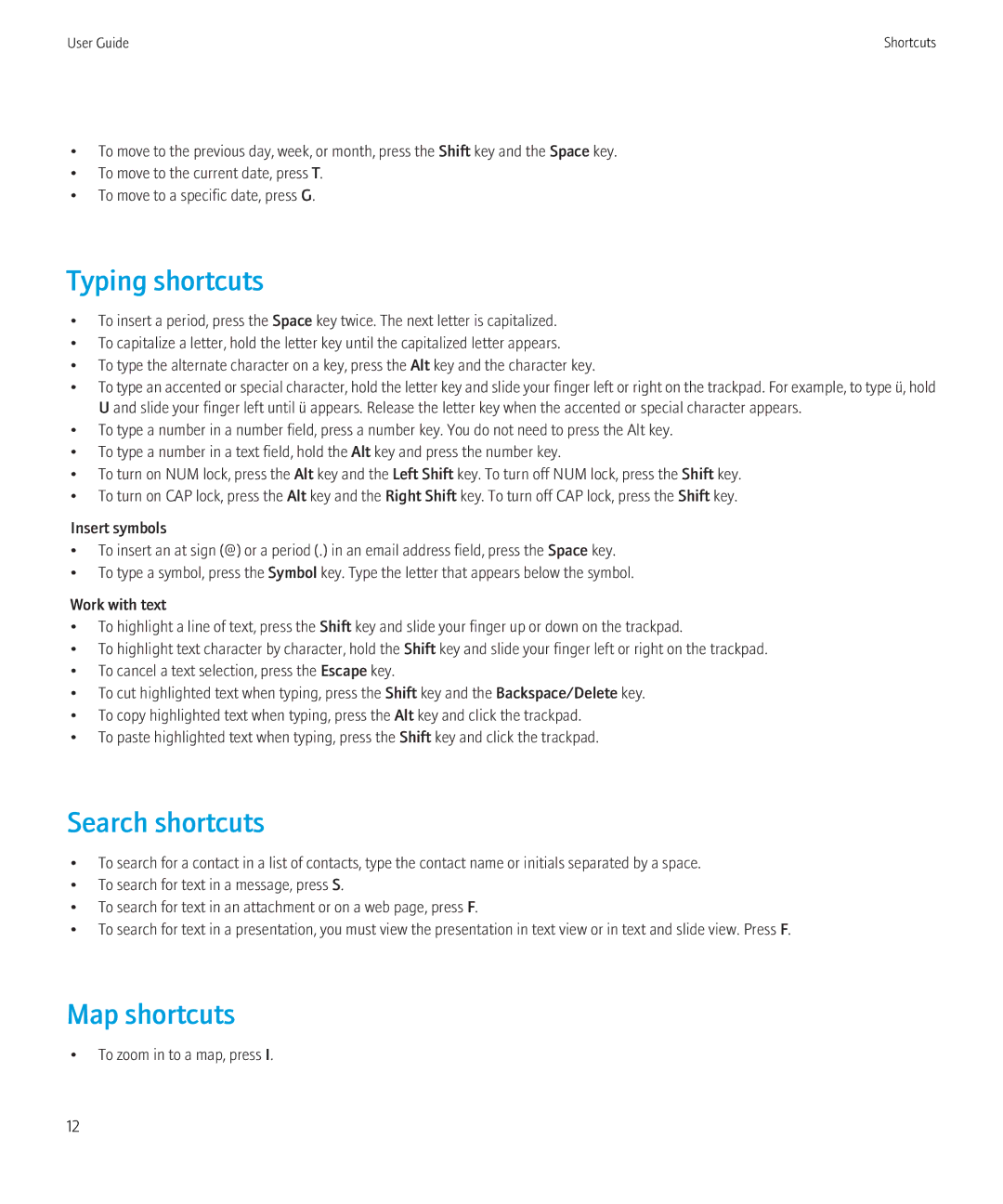 Blackberry 8520 manual Typing shortcuts, Search shortcuts, Map shortcuts 