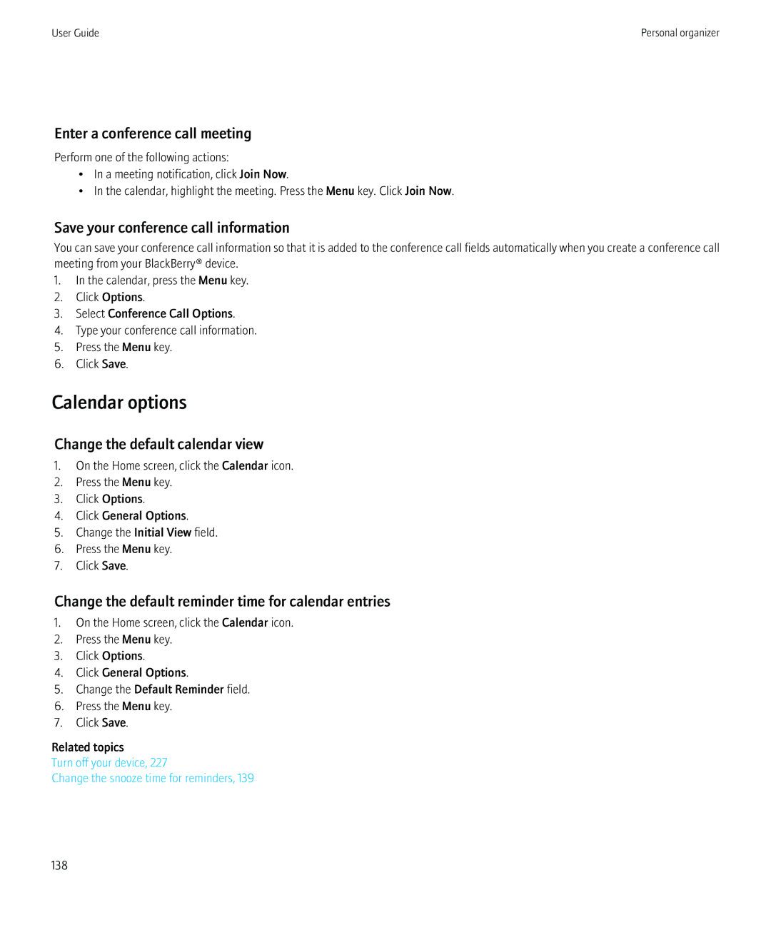 Blackberry 8520 manual Calendar options, Enter a conference call meeting, Save your conference call information 