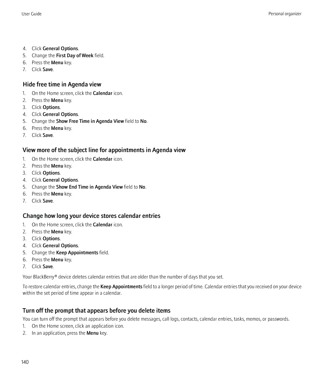 Blackberry 8520 manual Hide free time in Agenda view, Change how long your device stores calendar entries 