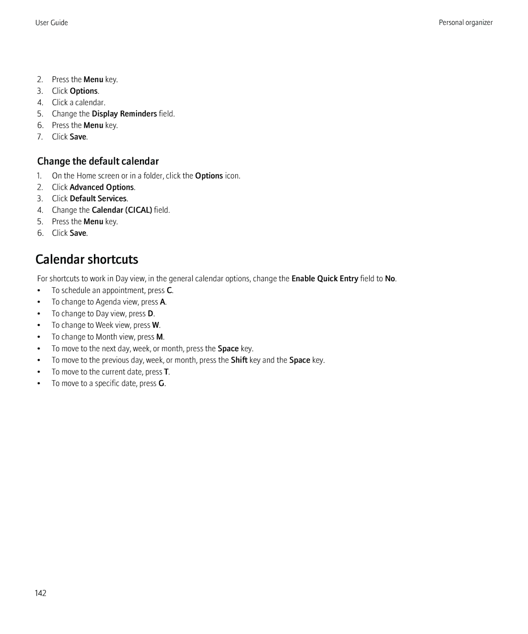 Blackberry 8520 manual Calendar shortcuts, Change the default calendar 