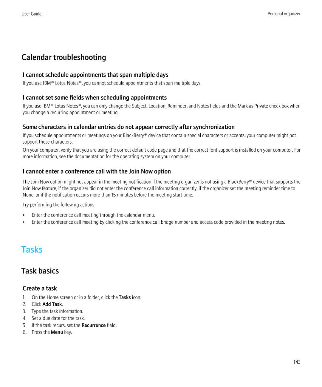 Blackberry 8520 manual Tasks, Calendar troubleshooting, Task basics 