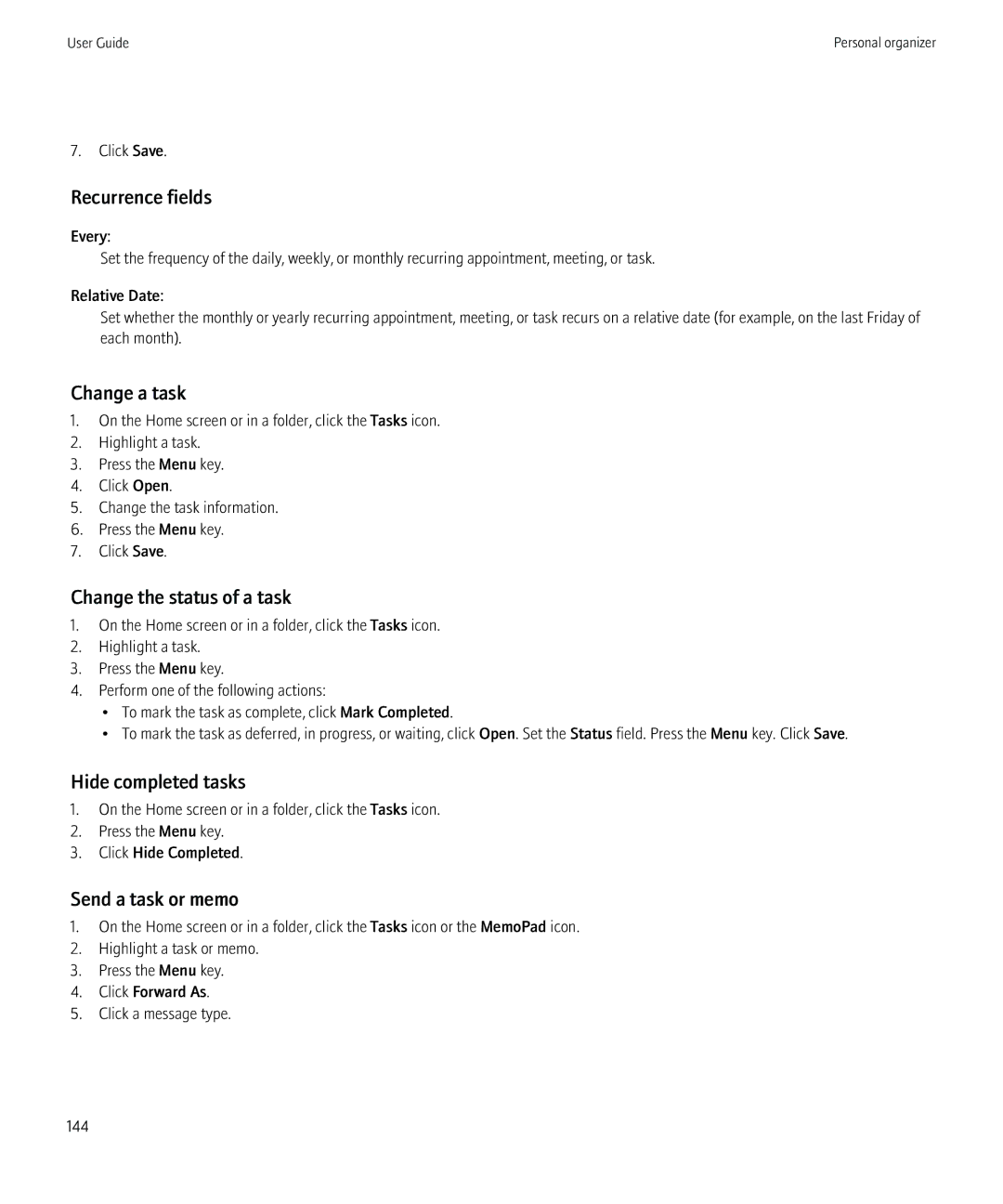 Blackberry 8520 manual Change a task, Change the status of a task, Hide completed tasks, Send a task or memo 