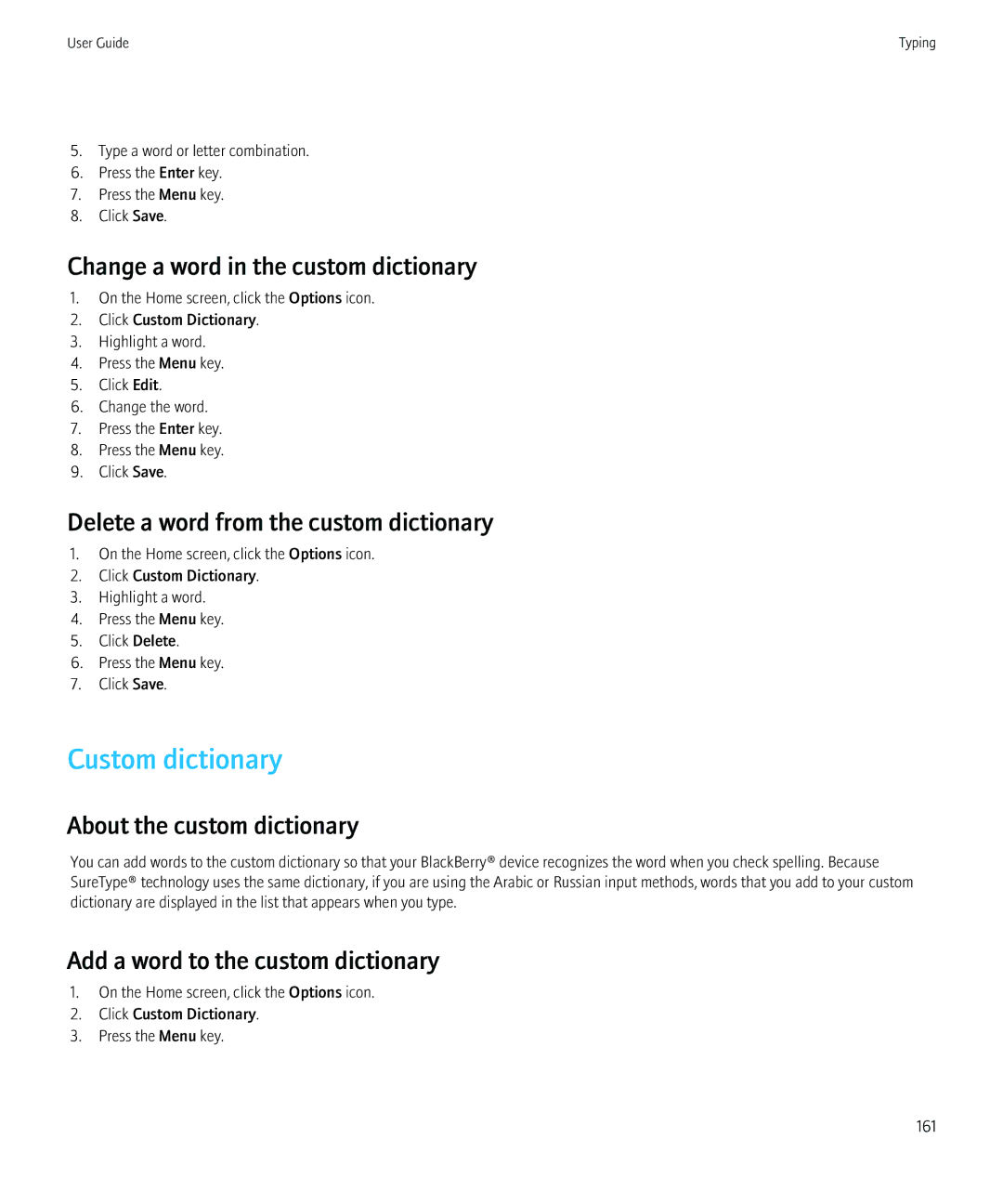 Blackberry 8520 manual Custom dictionary, Change a word in the custom dictionary, Delete a word from the custom dictionary 
