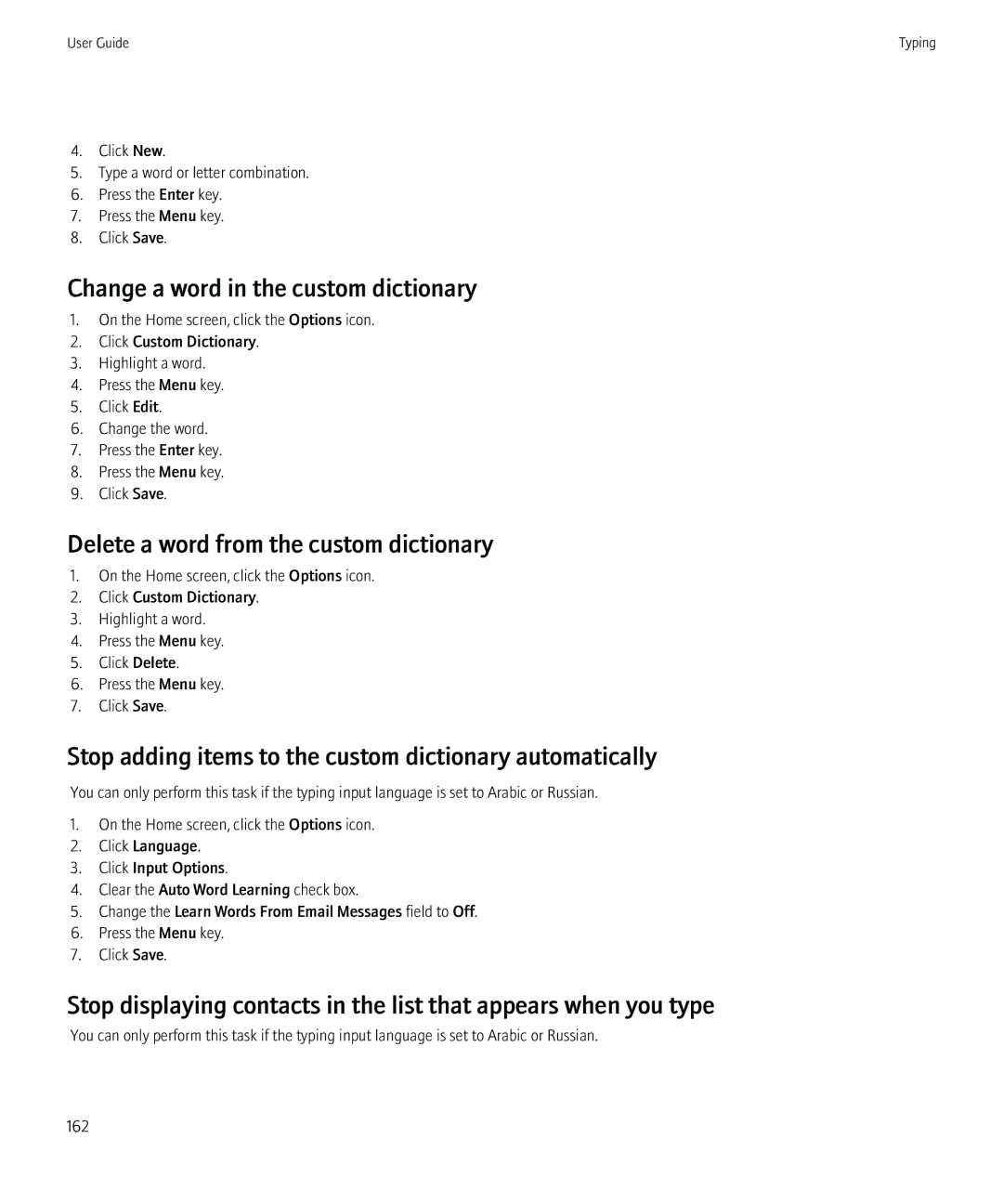 Blackberry 8520 manual Stop adding items to the custom dictionary automatically 