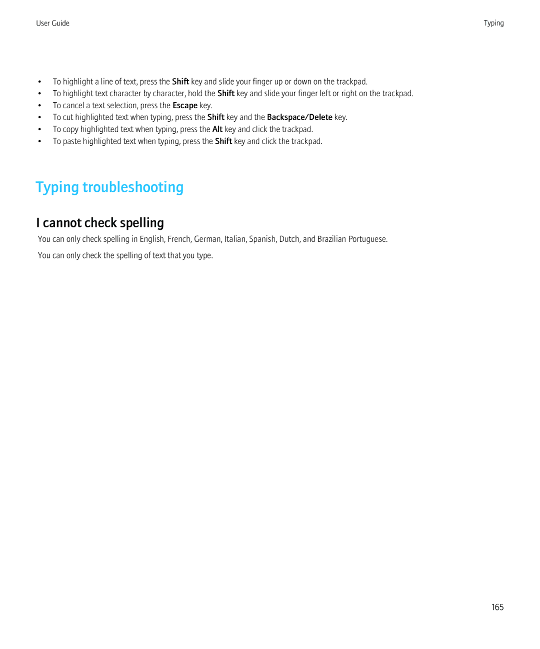 Blackberry 8520 manual Typing troubleshooting, Cannot check spelling 