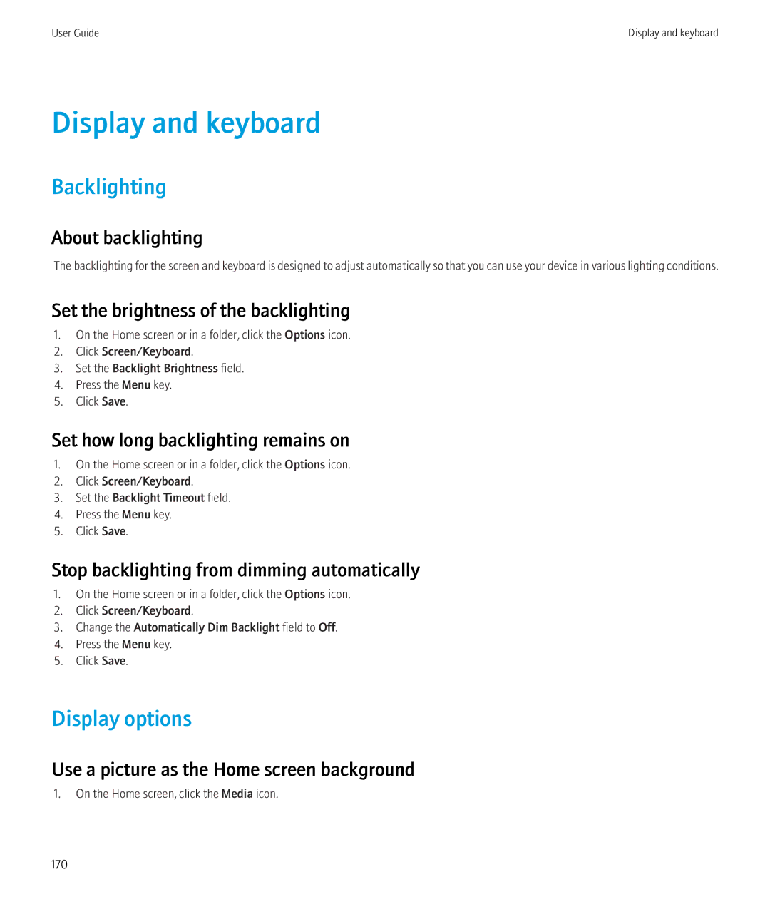 Blackberry 8520 manual Display and keyboard, Backlighting, Display options 