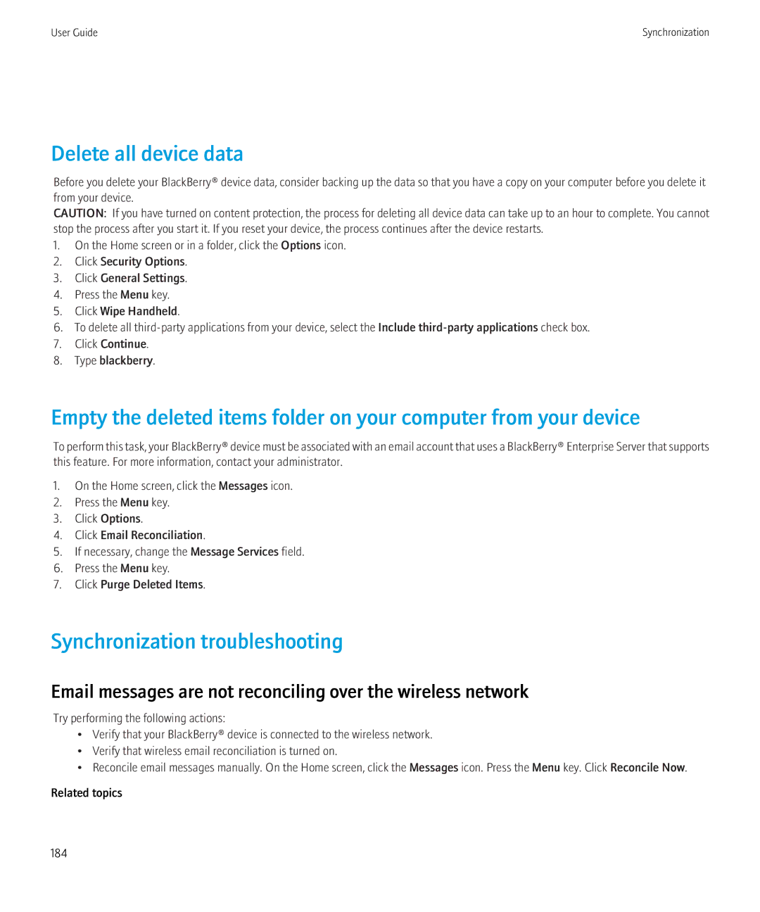 Blackberry 8520 manual Delete all device data, Synchronization troubleshooting 