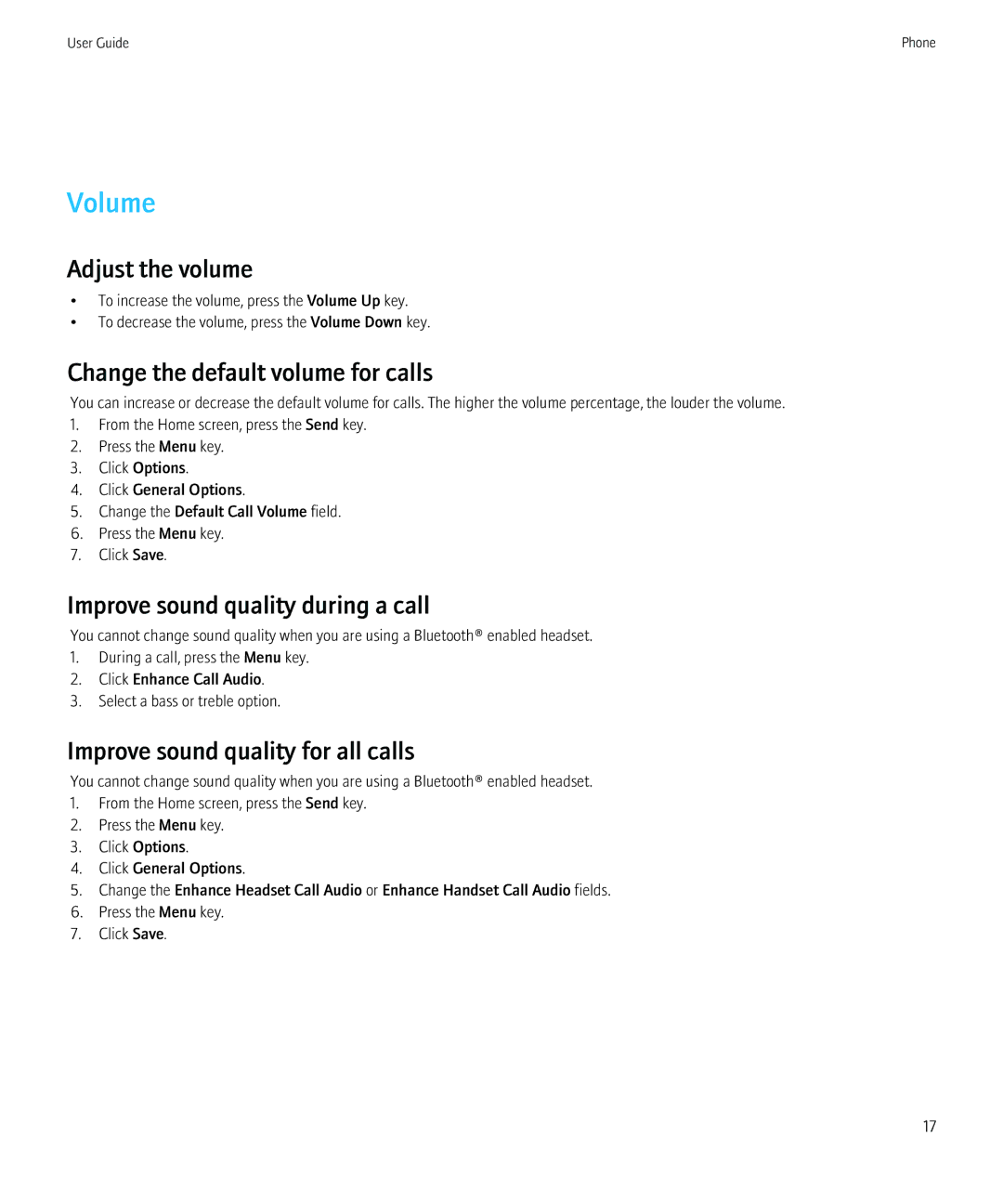Blackberry 8520 manual Volume, Adjust the volume, Change the default volume for calls, Improve sound quality during a call 
