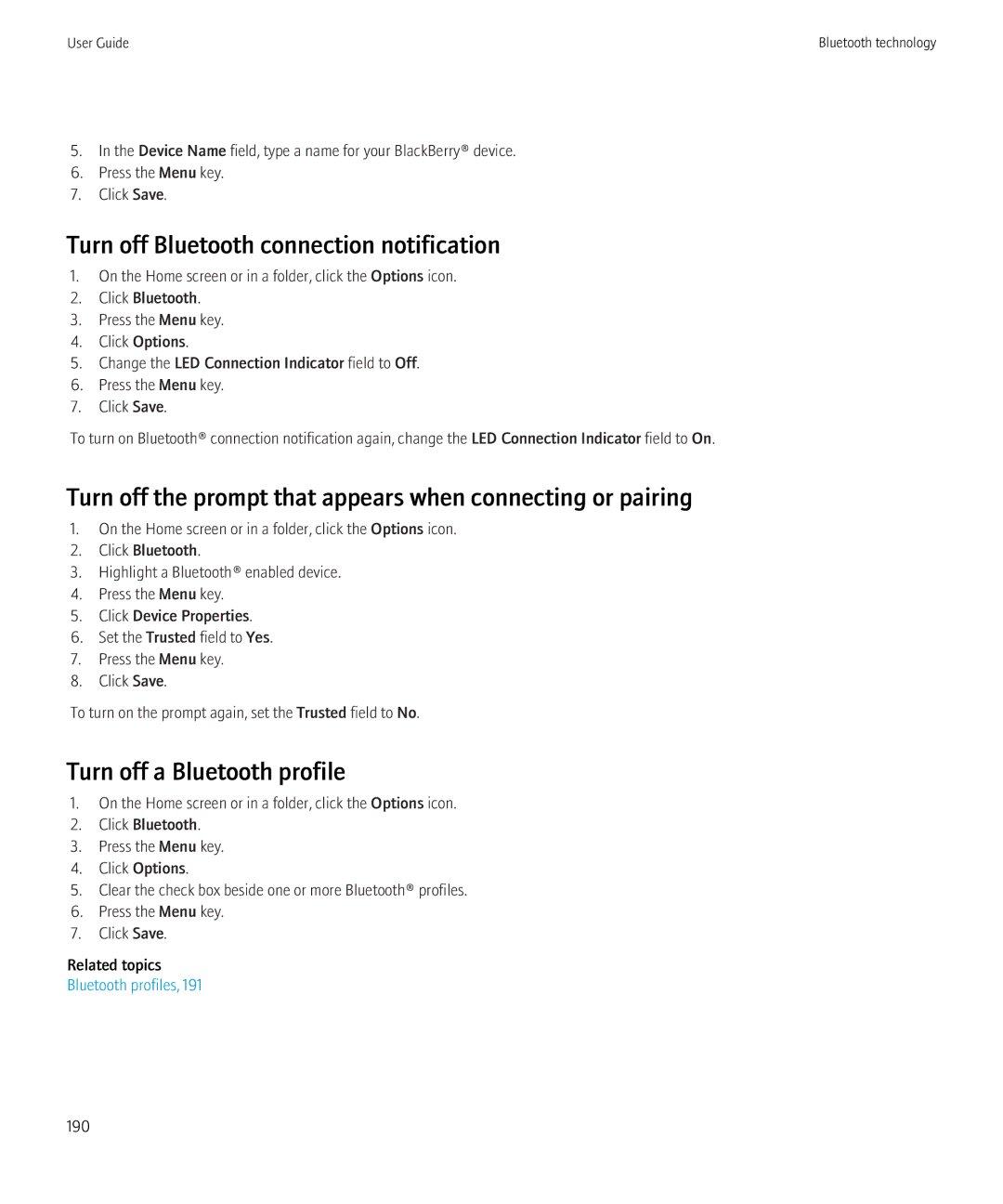 Blackberry 8520 manual Turn off the prompt that appears when connecting or pairing, Turn off a Bluetooth profile 