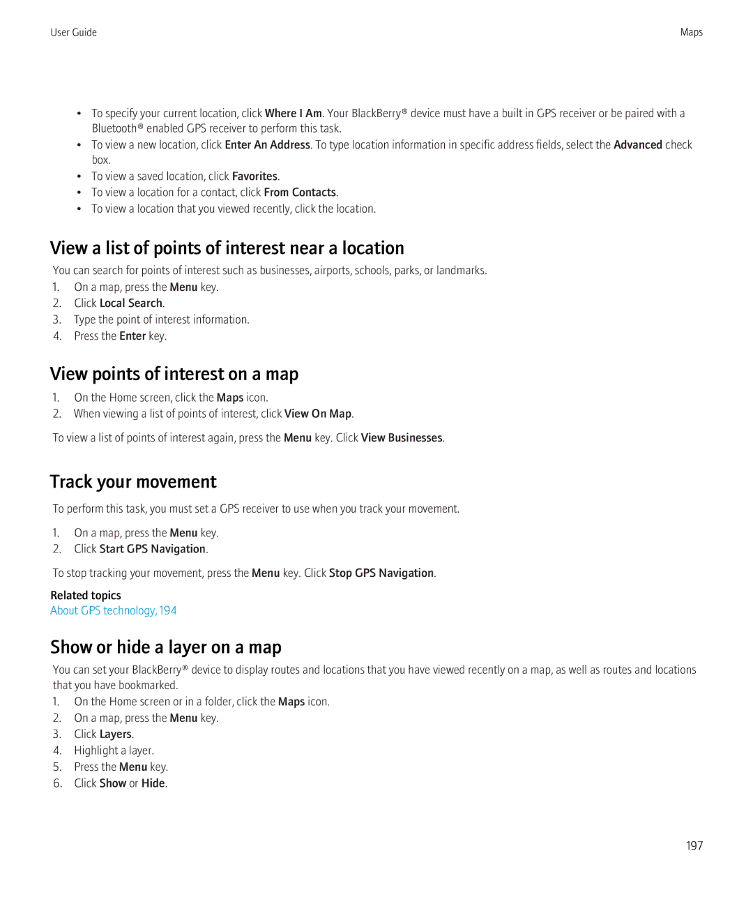 Blackberry 8520 View a list of points of interest near a location, View points of interest on a map, Track your movement 