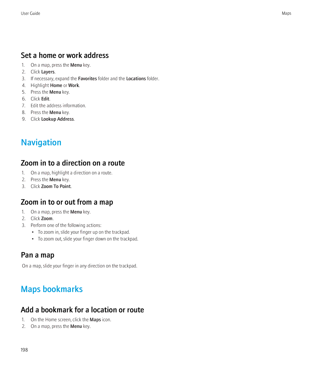 Blackberry 8520 manual Navigation, Maps bookmarks 