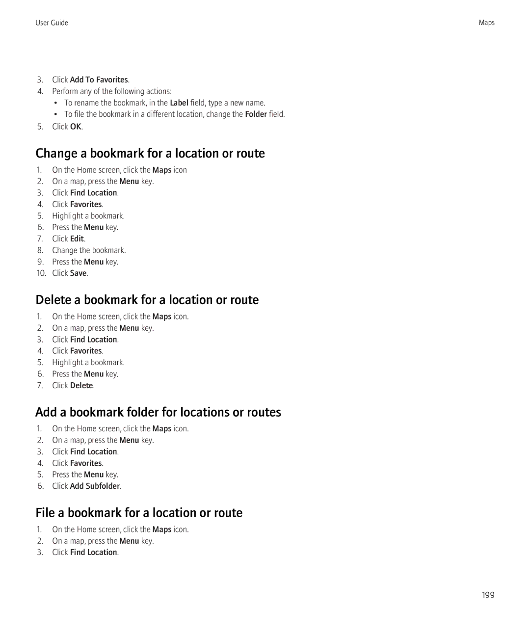 Blackberry 8520 manual Change a bookmark for a location or route, Delete a bookmark for a location or route 