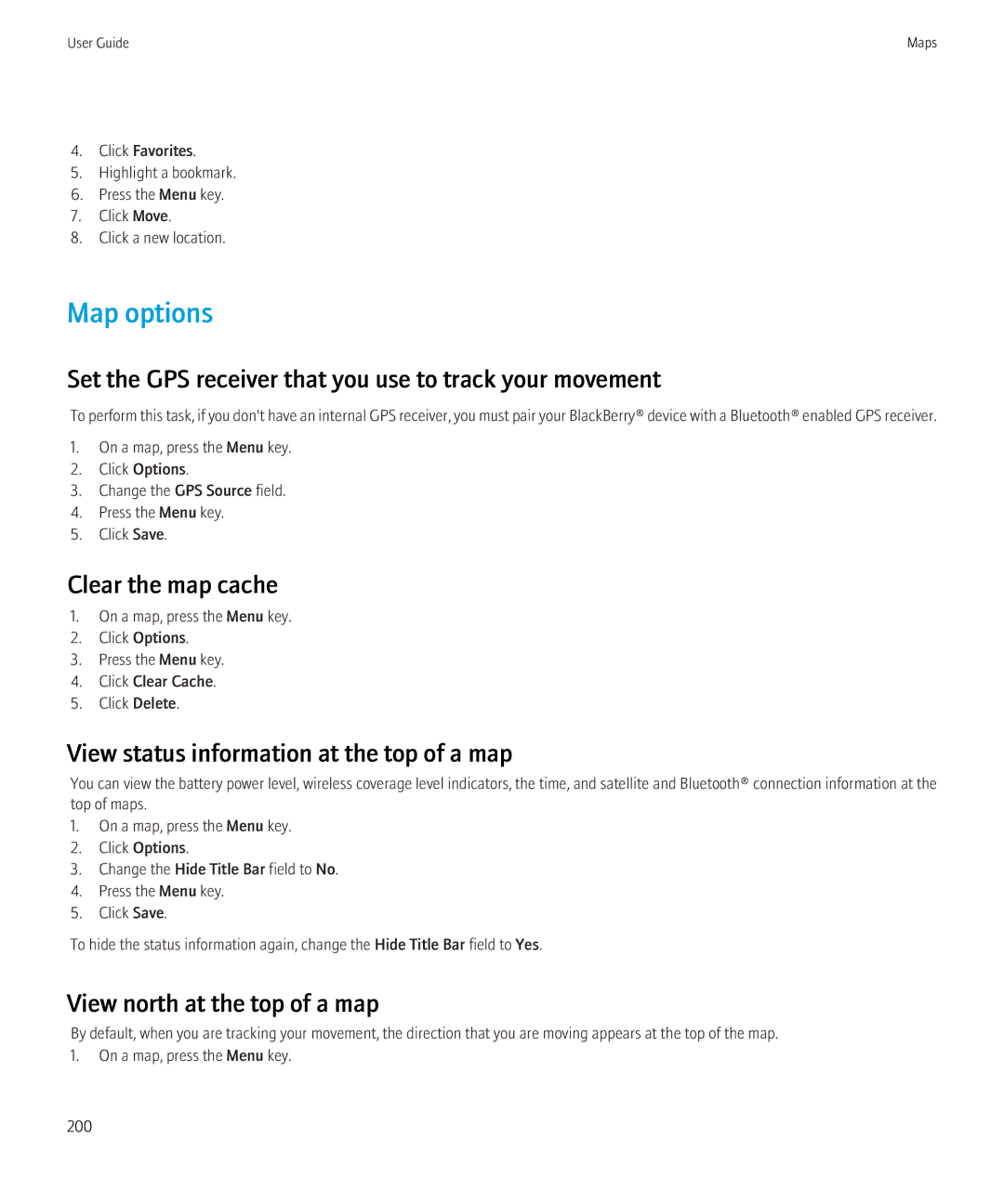 Blackberry 8520 manual Map options, Set the GPS receiver that you use to track your movement, Clear the map cache 