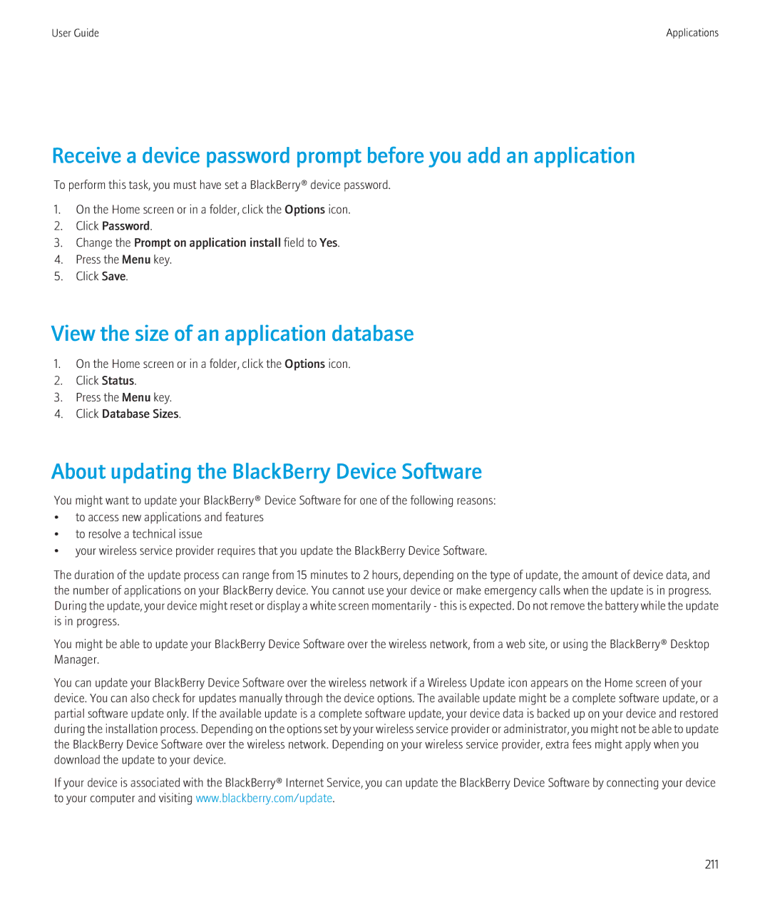 Blackberry 8520 manual View the size of an application database, About updating the BlackBerry Device Software 