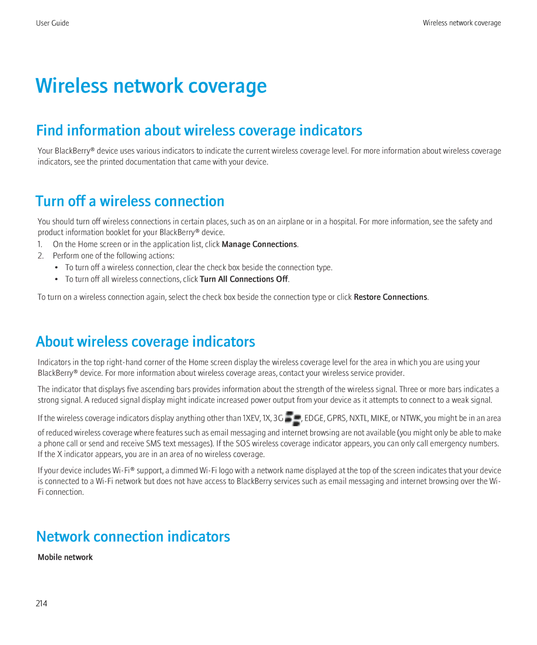 Blackberry 8520 manual Wireless network coverage, Find information about wireless coverage indicators 