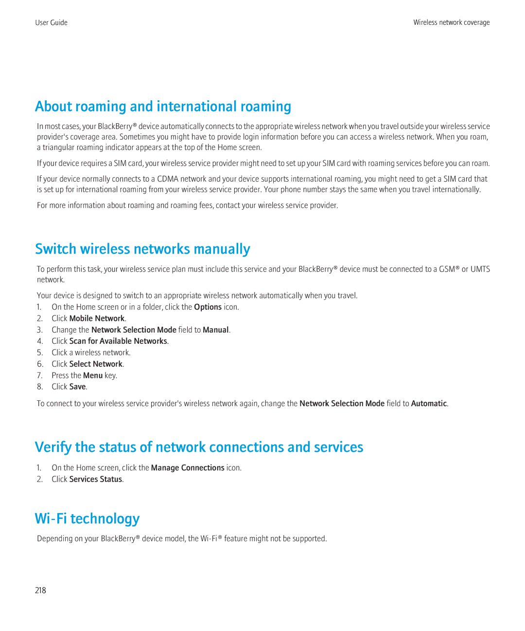 Blackberry 8520 About roaming and international roaming, Switch wireless networks manually, Wi-Fi technology 