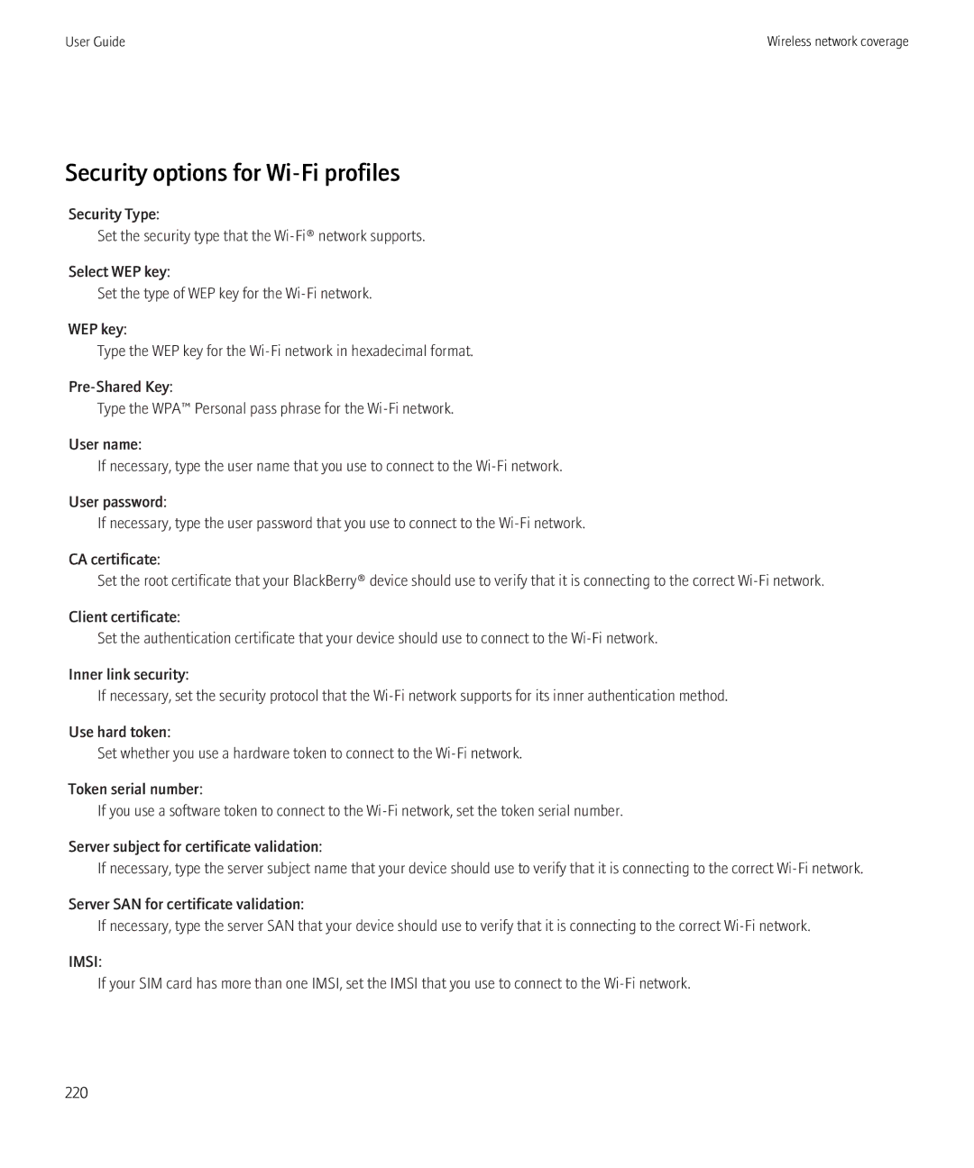 Blackberry 8520 manual Security options for Wi-Fi profiles, Imsi 