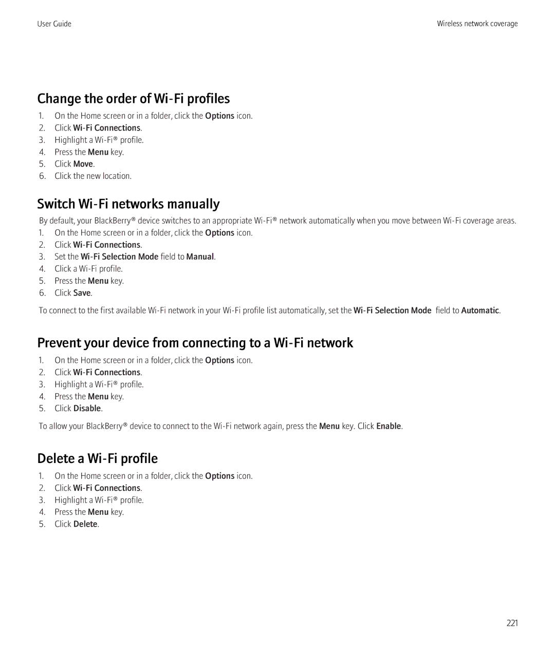 Blackberry 8520 Change the order of Wi-Fi profiles, Switch Wi-Fi networks manually, Delete a Wi-Fi profile 