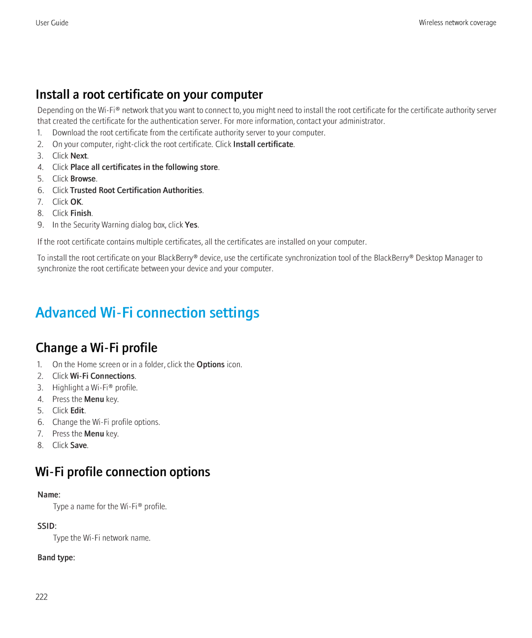 Blackberry 8520 Advanced Wi-Fi connection settings, Install a root certificate on your computer, Change a Wi-Fi profile 