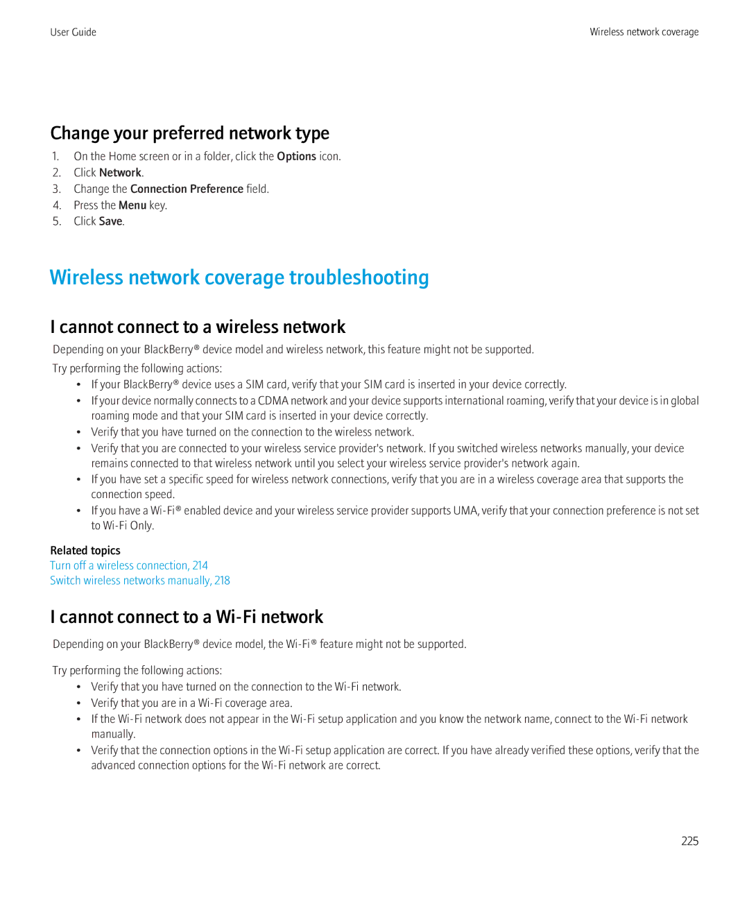 Blackberry 8520 manual Wireless network coverage troubleshooting, Change your preferred network type 