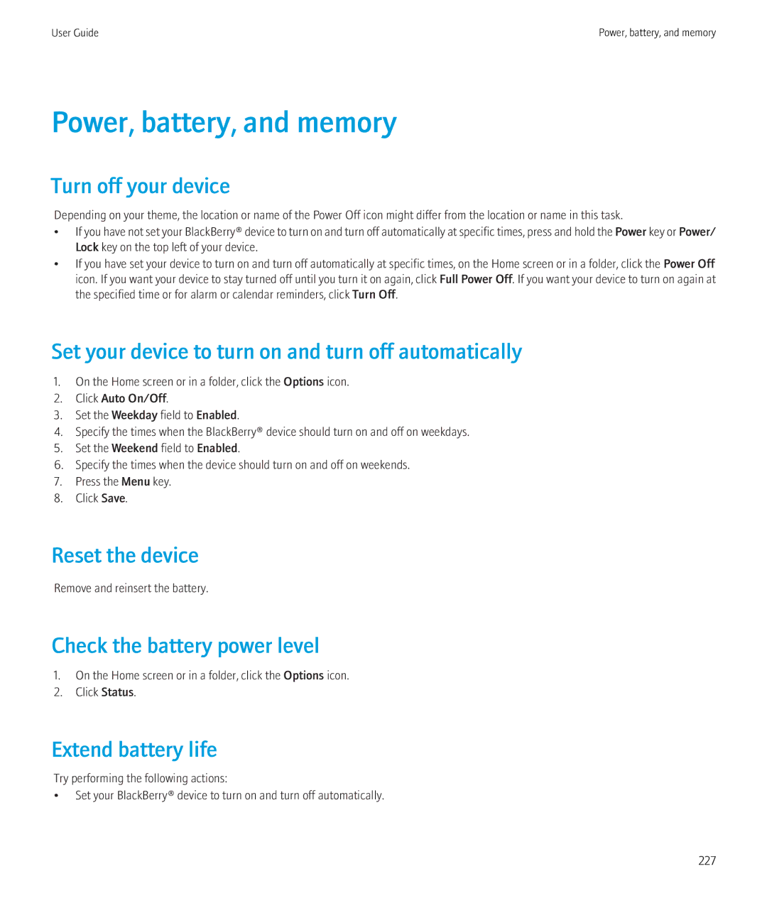 Blackberry 8520 manual Power, battery, and memory 