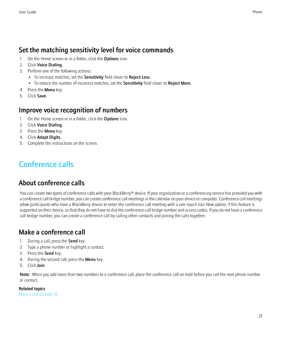 Blackberry 8520 manual Conference calls, Set the matching sensitivity level for voice commands, About conference calls 