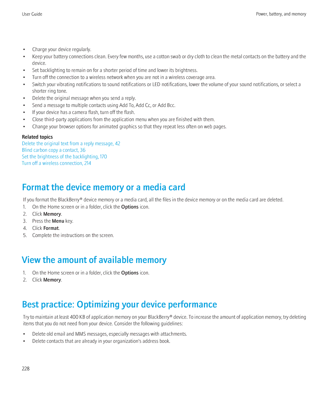 Blackberry 8520 manual Format the device memory or a media card, View the amount of available memory 