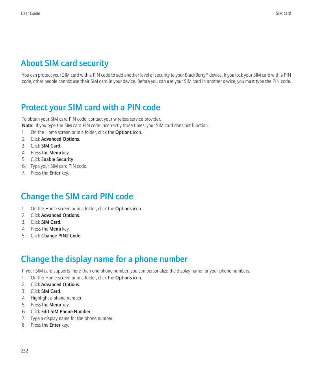 Blackberry 8520 manual About SIM card security, Protect your SIM card with a PIN code, Change the SIM card PIN code 