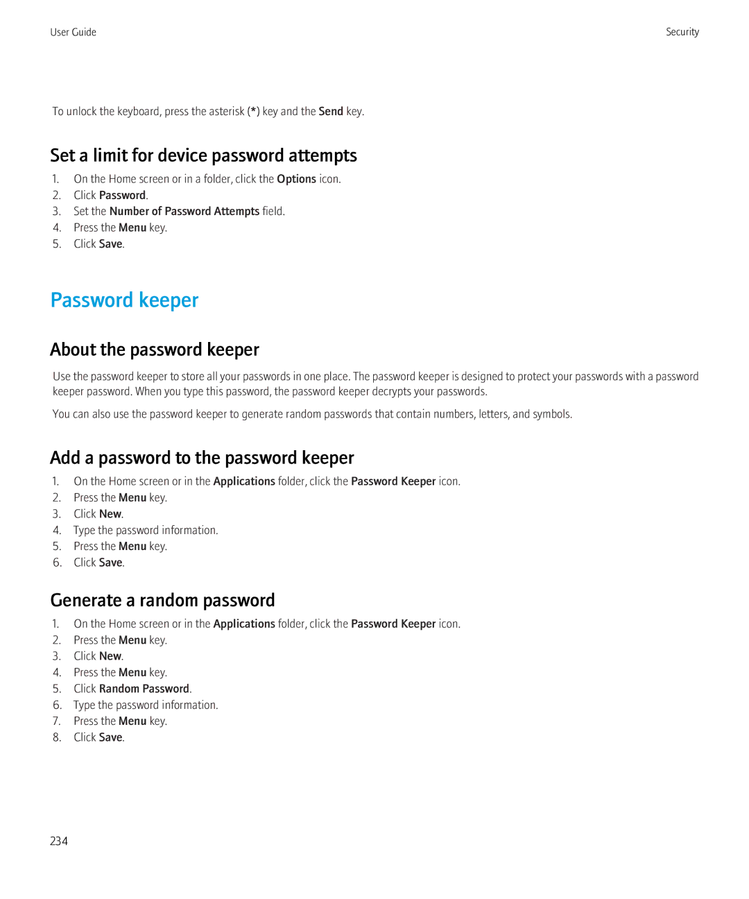 Blackberry 8520 manual Password keeper, Set a limit for device password attempts, About the password keeper 