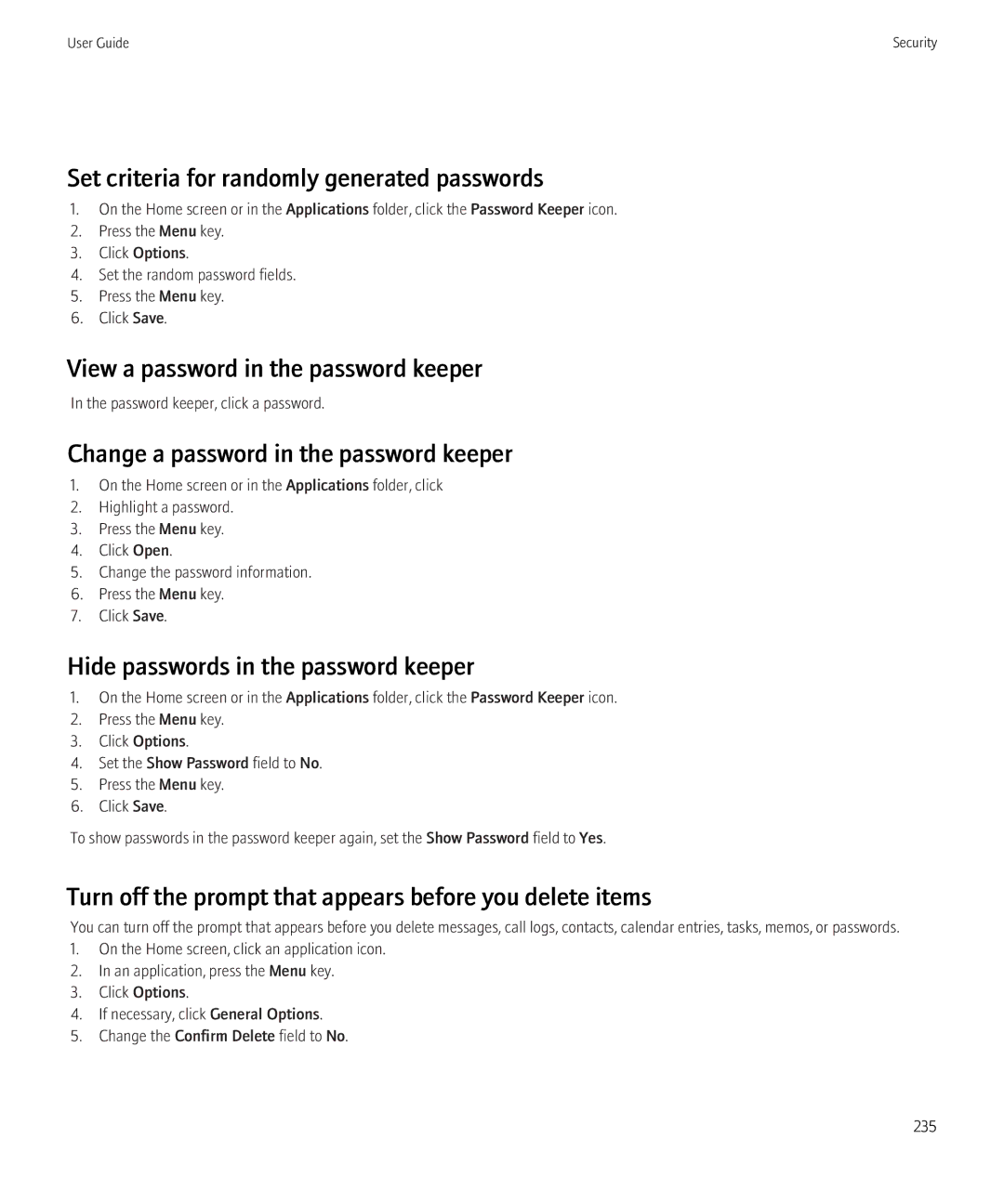 Blackberry 8520 manual Set criteria for randomly generated passwords, View a password in the password keeper 