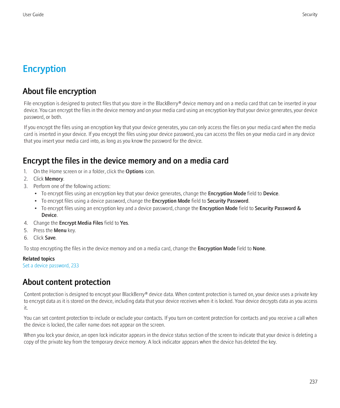 Blackberry 8520 manual Encryption, About content protection 