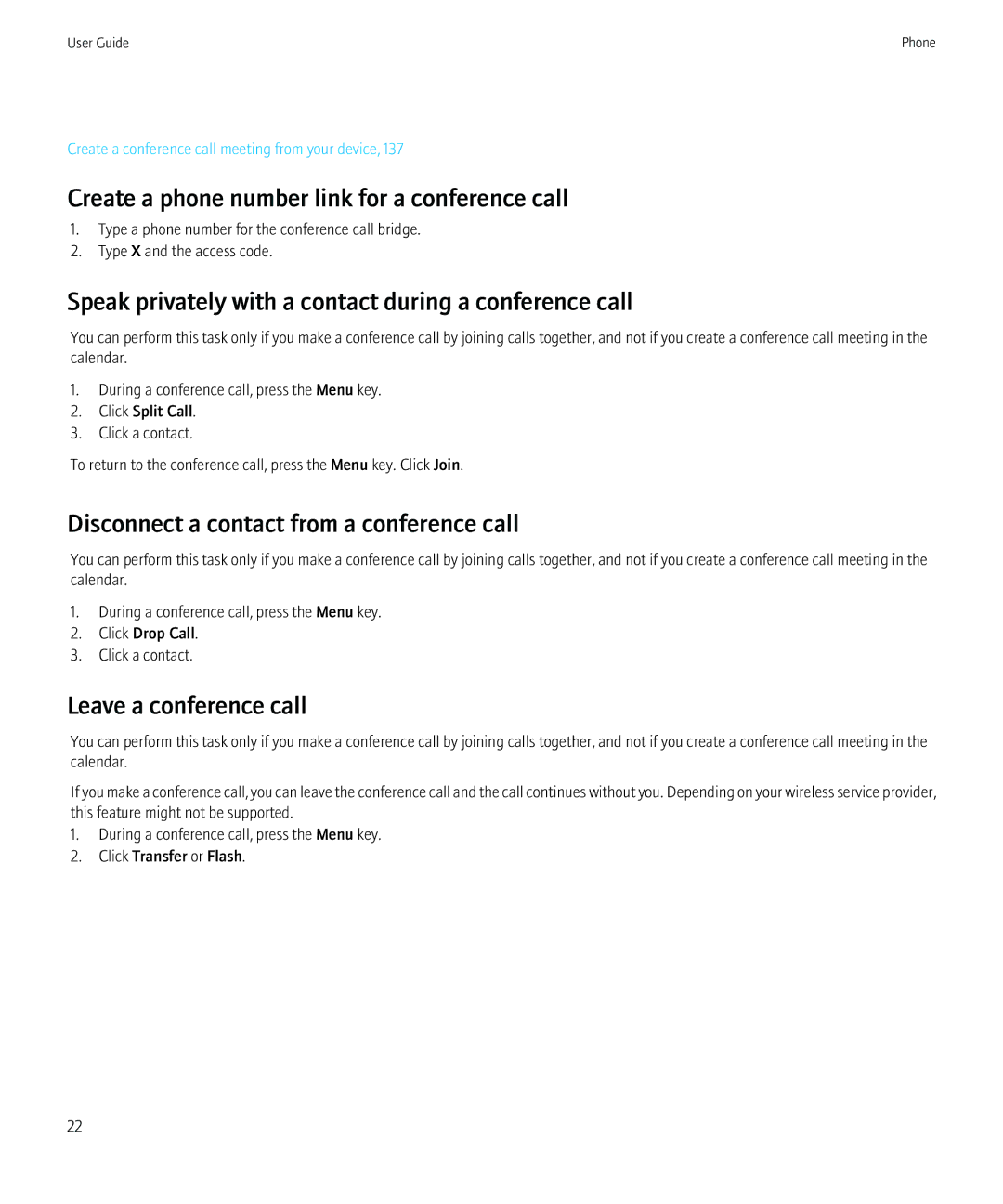 Blackberry 8520 Create a phone number link for a conference call, Speak privately with a contact during a conference call 