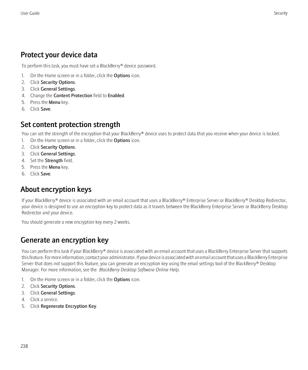 Blackberry 8520 manual Protect your device data, Set content protection strength, About encryption keys 