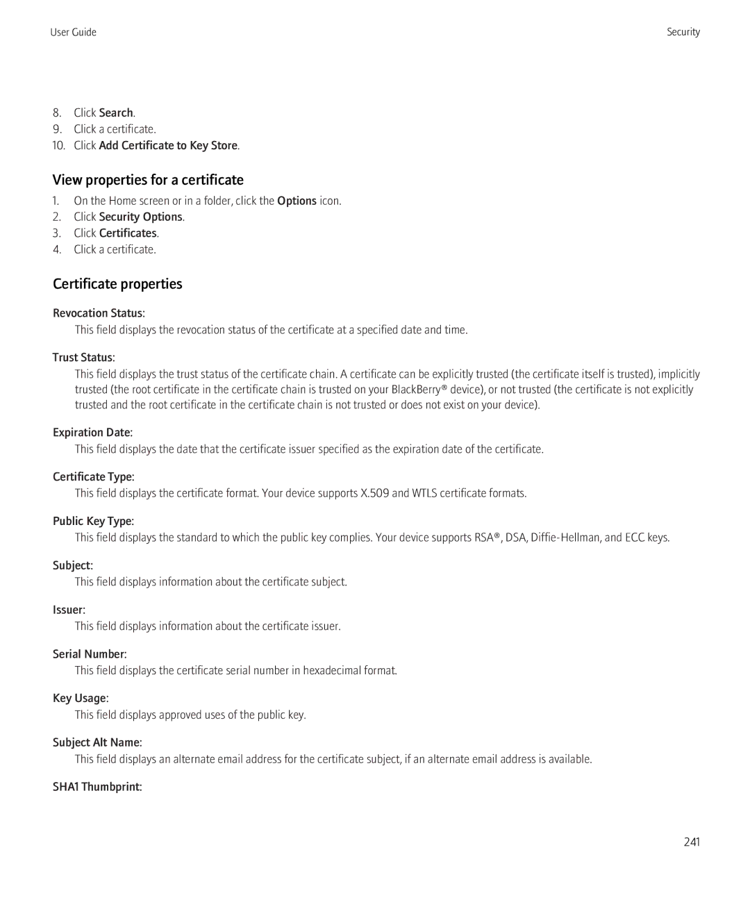 Blackberry 8520 manual View properties for a certificate, Certificate properties 
