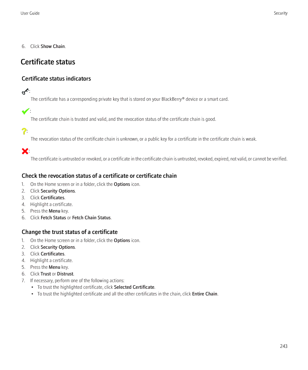 Blackberry 8520 manual Certificate status indicators, Change the trust status of a certificate 