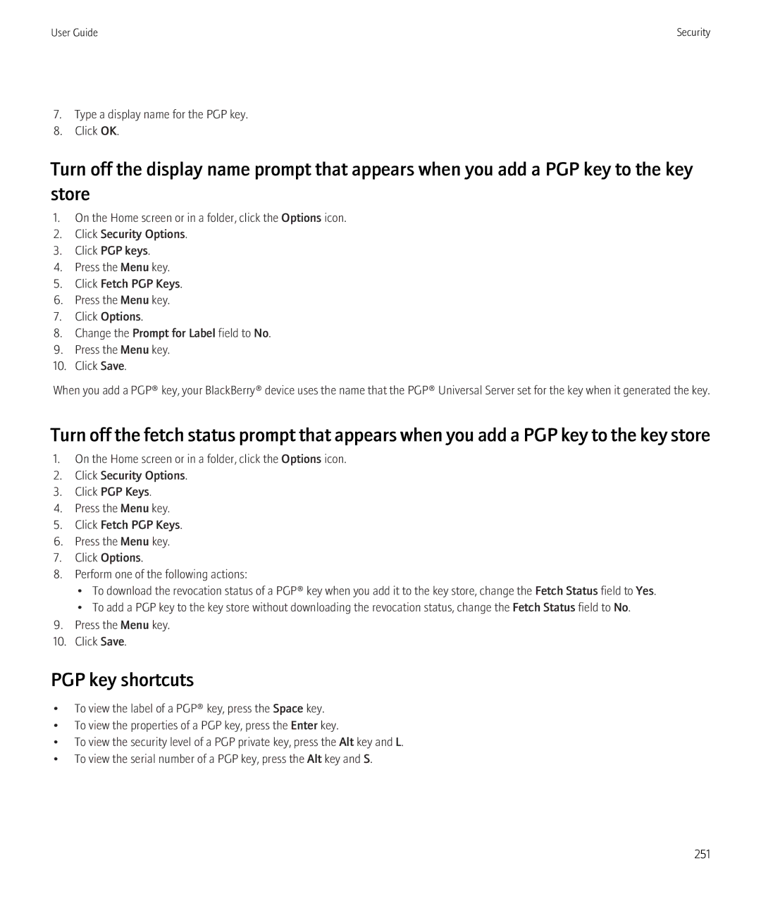 Blackberry 8520 manual PGP key shortcuts 