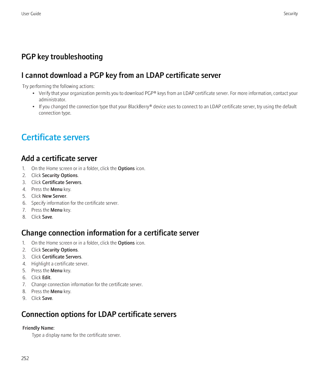 Blackberry 8520 Certificate servers, Add a certificate server, Change connection information for a certificate server 