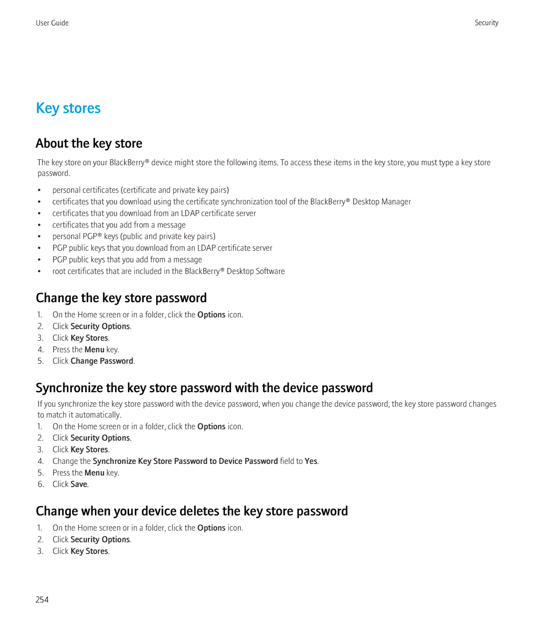 Blackberry 8520 manual Key stores, About the key store, Change the key store password 