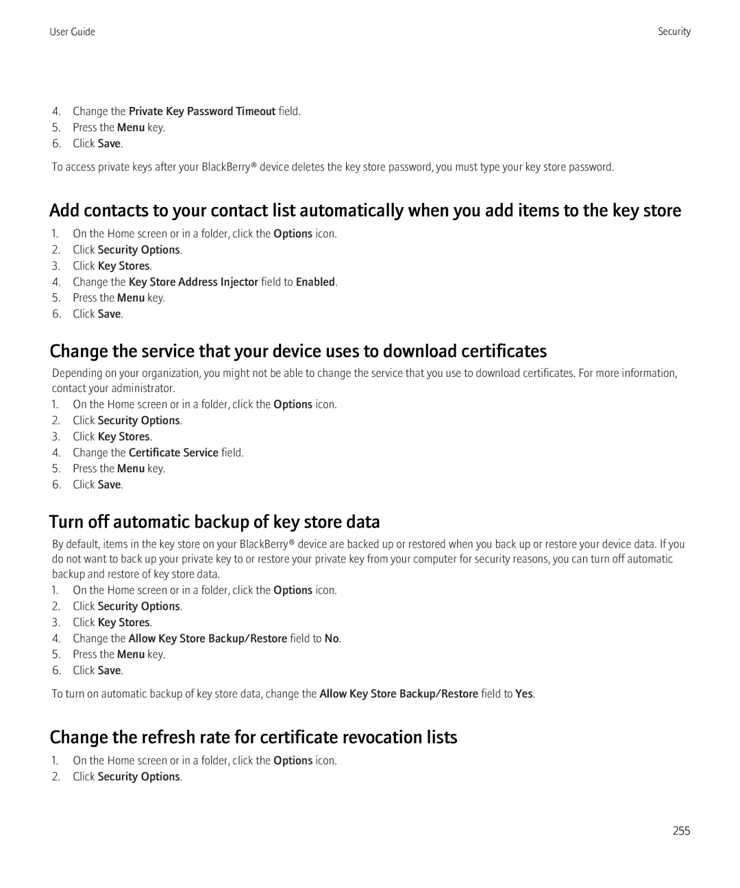 Blackberry 8520 Turn off automatic backup of key store data, Change the refresh rate for certificate revocation lists 