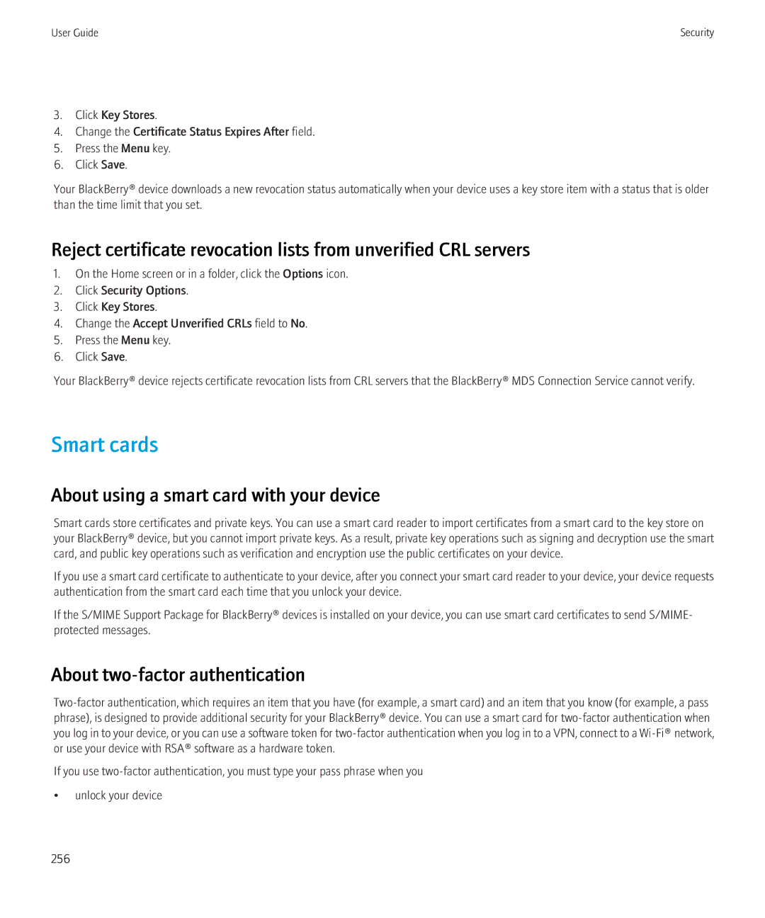 Blackberry 8520 manual Smart cards, About using a smart card with your device, About two-factor authentication 