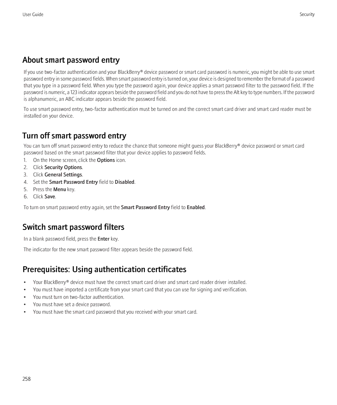 Blackberry 8520 manual About smart password entry, Turn off smart password entry, Switch smart password filters 