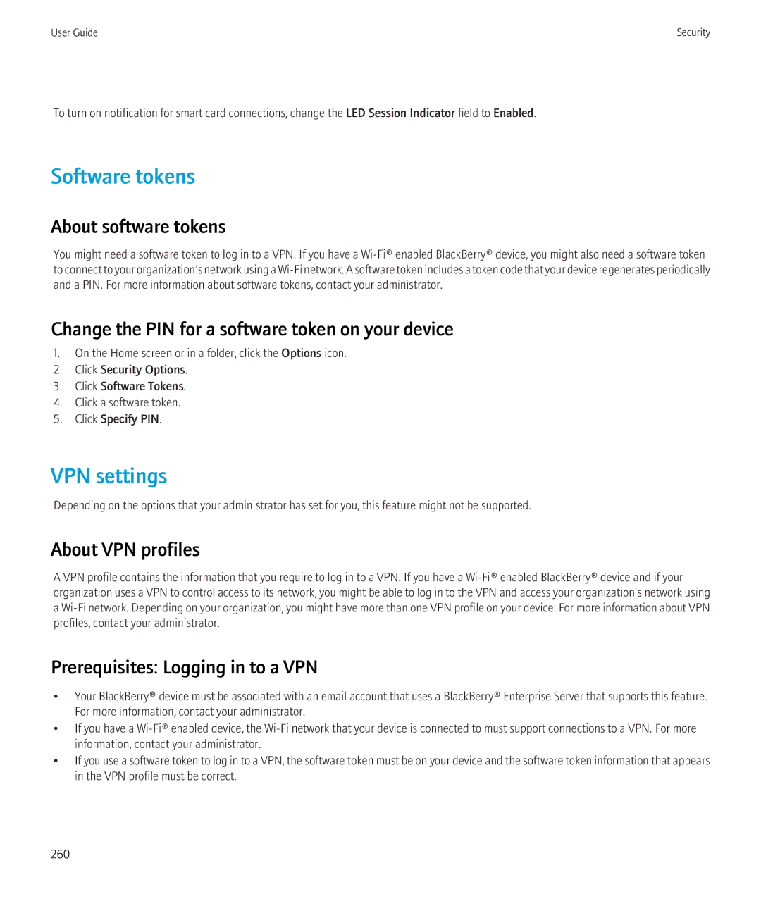 Blackberry 8520 manual Software tokens, VPN settings 