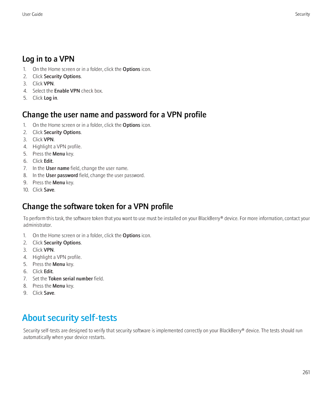 Blackberry 8520 manual About security self-tests, Log in to a VPN, Change the user name and password for a VPN profile 