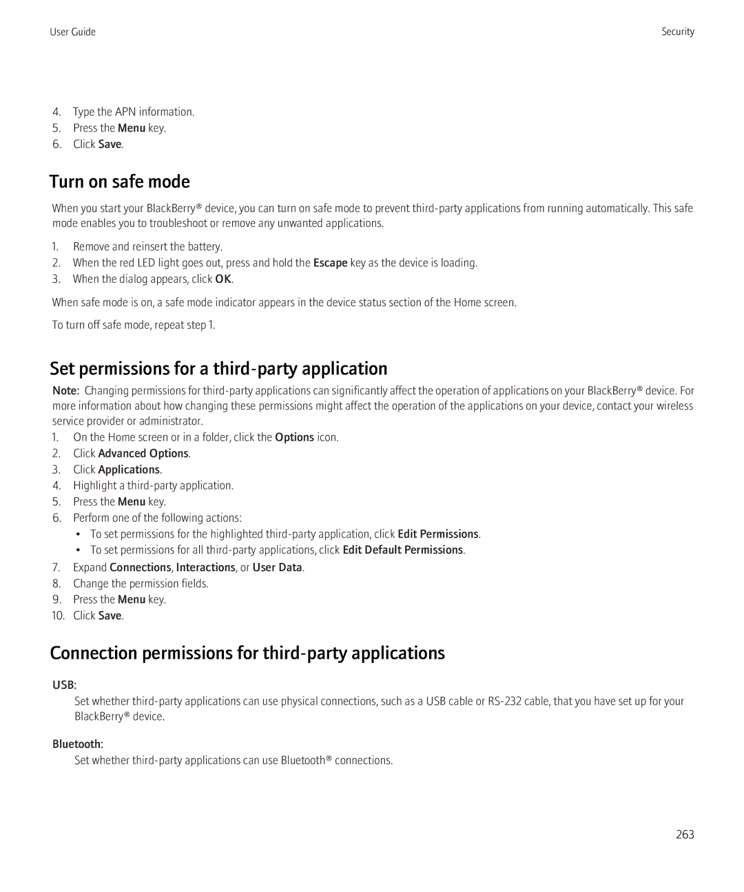 Blackberry 8520 manual Turn on safe mode, Set permissions for a third-party application 