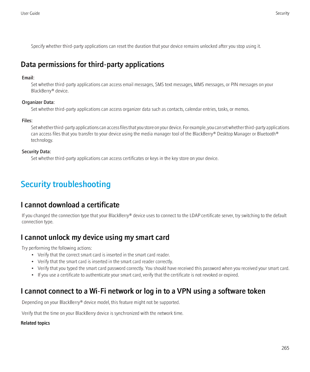 Blackberry 8520 Security troubleshooting, Data permissions for third-party applications, Cannot download a certificate 