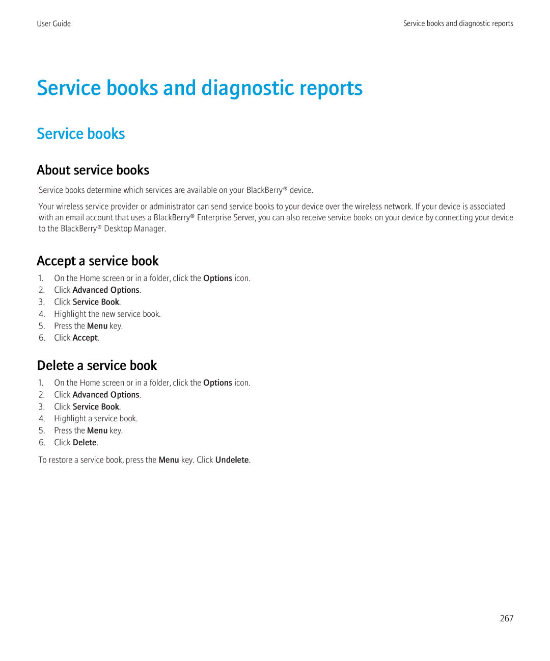 Blackberry 8520 Service books and diagnostic reports, About service books, Accept a service book, Delete a service book 