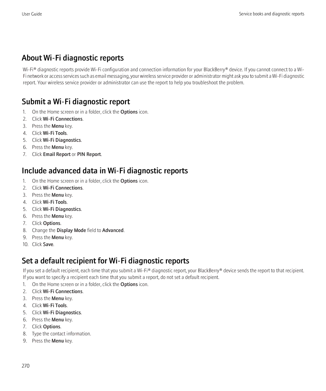 Blackberry 8520 manual About Wi-Fi diagnostic reports, Submit a Wi-Fi diagnostic report 