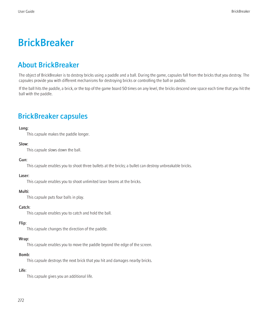 Blackberry 8520 manual About BrickBreaker, BrickBreaker capsules 